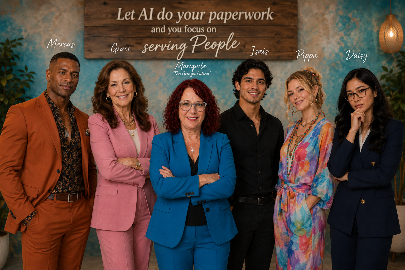 Mariquita and her AI staff: Marcus, Grace, Isais, Pippa, and Daisy